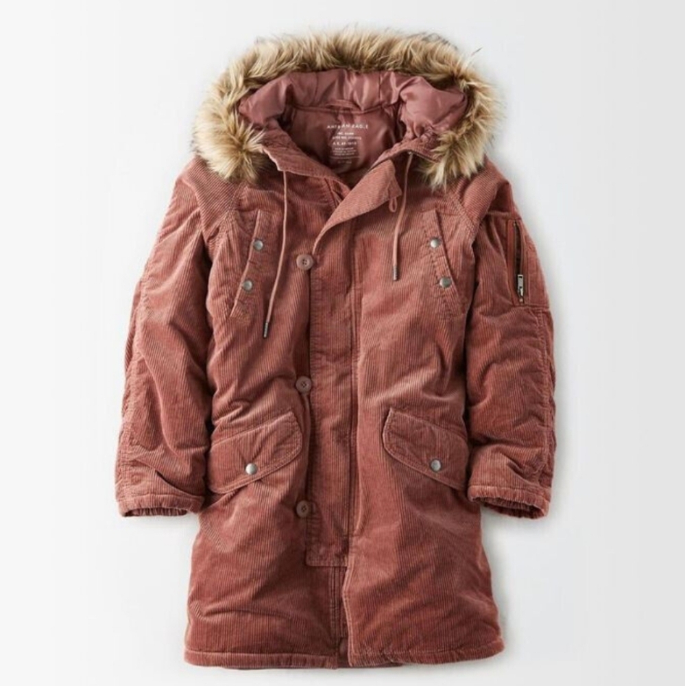 American Eagle Parka Brown Corduroy Puffer Winter Jacket